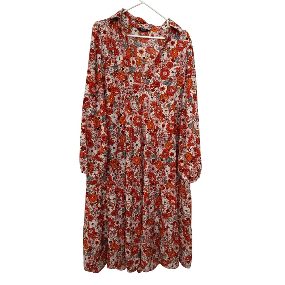 Dokotoo‎ Maxi Dress SZ XL Orange Floral V Neck Collared Long Sleeve Tiered Boho
